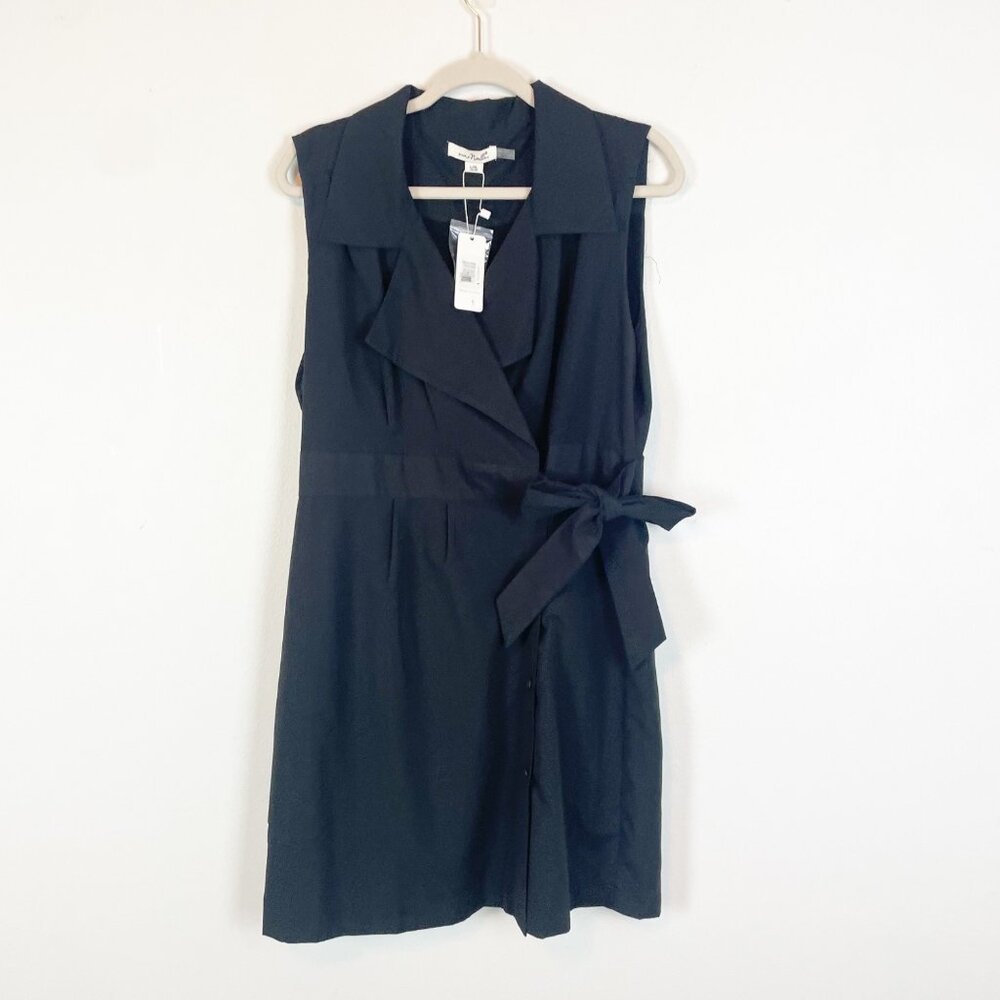 NWT Simply Noelle Womens L/XL Black Sleeveless Collared Wrap Dress Button Detail